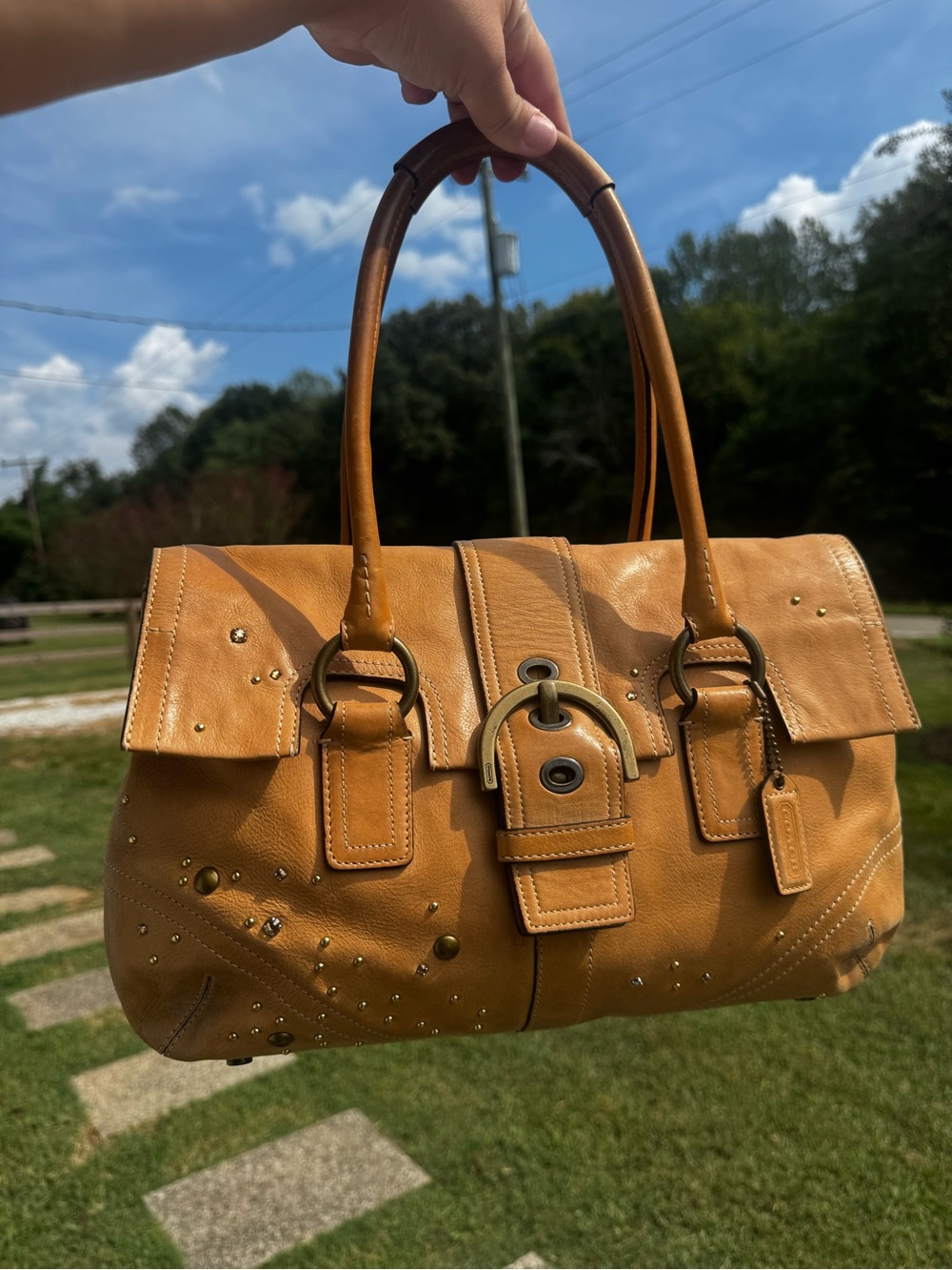 Coach Cognac Leather Studded Satchel - Picture 2 of 8